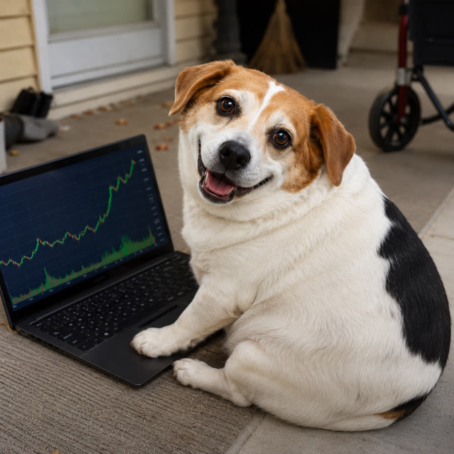 Tater sitting beside a laptop showing a rising candle chart